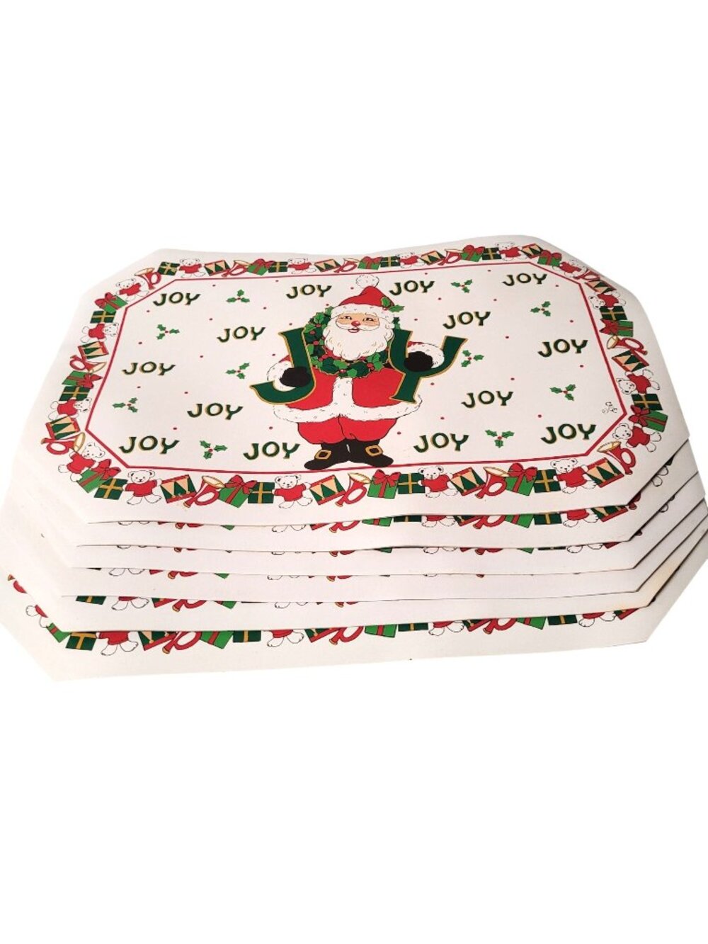 Vintage Vinyl Placemats Set 6 Christmas Santa Joy Teddy Bears Horns 18" x 12"